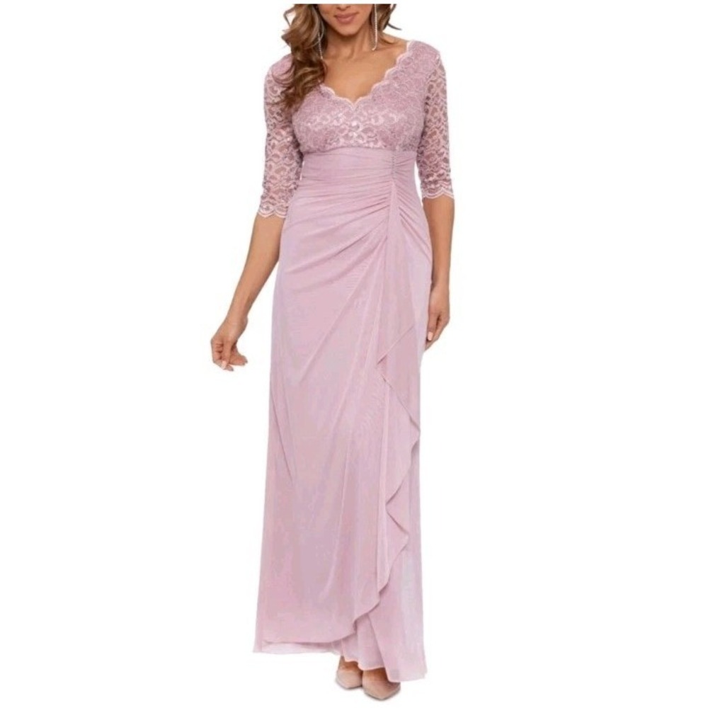 B&A By Betsy & Adam V- neck Sequin Lace 3/4 Sleeve Gown In Rose